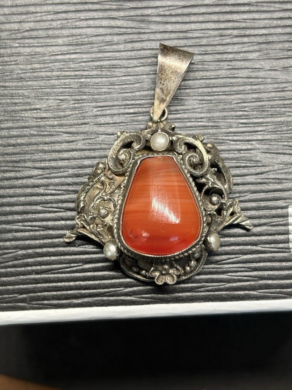 Antique Austro-Hungarian Sterling Silver Carnelian Pearl Floral Pendant Vtg